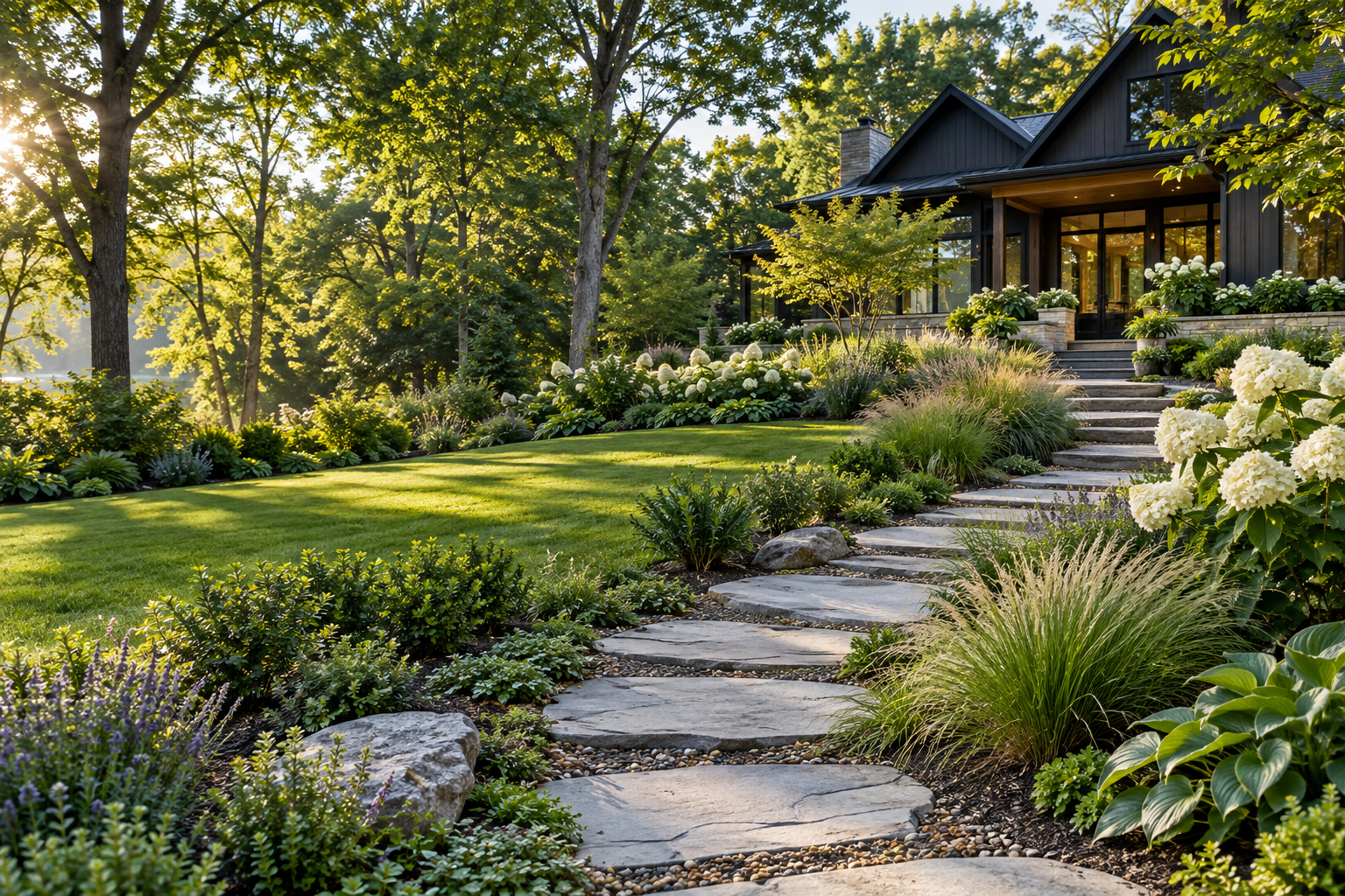 A lush landscaped garden and stone path leading to a dark timber house