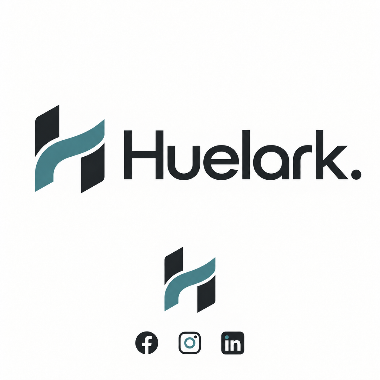 Huelark brand identity with a charcoal and teal H symbol and wordmark