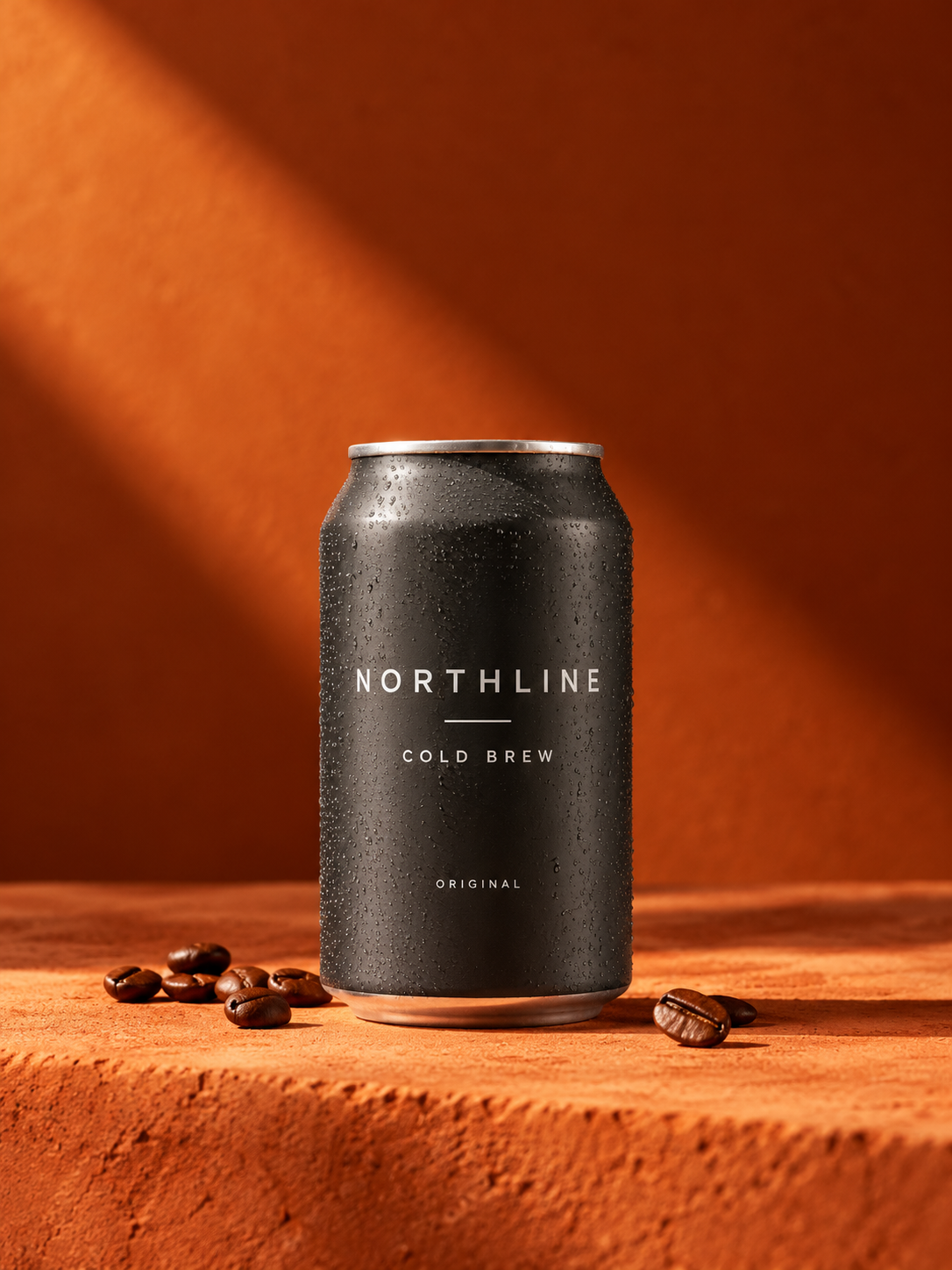 Northline cold brew can on a warm orange studio set